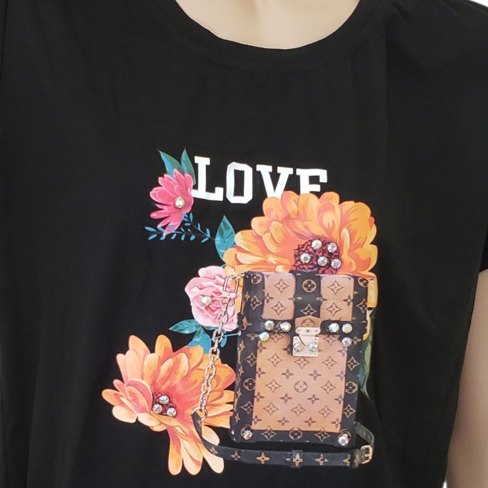 AZ Iridescent Rhinestone Bling Love Heat Transfer T-Shirt SZ S/M Black